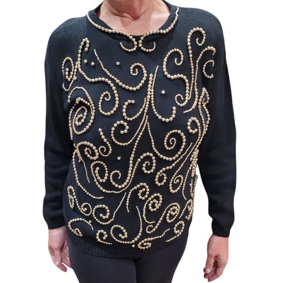 Vintage Victoria Jones Beaded Sweater Sz PS 90s Y2K Pearl Glam Knit Ramie Cotton - Picture 1 of 11